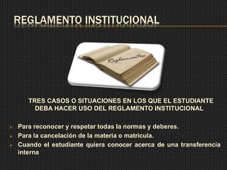 REGLAMENTO INSTITUCIONAL 
TRES CASOS O SITUACIONES EN LOS QUE EL ESTUDIANTE 
DEBA HACER USO DEL REGLAMENTO INSTITUCIONAL 
 Para reconocer y respetar todas la normas y deberes. 
 Para la cancelación de la materia o matricula. 
 Cuando el estudiante quiera conocer acerca de una transferencia 
interna 
 