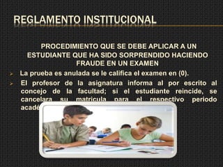 REGLAMENTO INSTITUCIONAL 
PROCEDIMIENTO QUE SE DEBE APLICAR A UN 
ESTUDIANTE QUE HA SIDO SORPRENDIDO HACIENDO 
FRAUDE EN UN EXAMEN 
 La prueba es anulada se le califica el examen en (0). 
 El profesor de la asignatura informa al por escrito al 
concejo de la facultad; si el estudiante reincide, se 
cancelara su matricula para el respectivo periodo 
académico. 
 