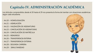 Capitulo IV. ADMINISTRACIÓN ACADÉMICA
Los Artículos comprendidos desde el 20 hasta el 29 nos presenta la forma de tramitar con situaciones académicas
según cada estudiante.
◦ Art.20 – HOMOLOGACIÓN
◦ Art.21 – ASIMILACIÓN
◦ Art.22 – VALIDACIÓN DE ASIGNATURAS
◦ Art.23 – CANCELACIÓN DE ASIGNATURAS
◦ Art.24 – CANCELACIÓN DE MATRÍCULA
◦ Art.25 – REINGRESO
◦ Art.26 – TRANSFERENCIA INTERNA
◦ Art.27 – TRANSFERENCIA EXTERNA
◦ Art.28 – SEGUNDA CARRERA
◦ Art.29 - SIMULTANEIDAD
 