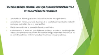 1. Amonestación privada, por escrito, que hará el director del departamento. 
2. Amonestación publica, que hará el consejo de la facultad correspondiente, mediante 
resolución motivada y fija en el lugar publico. 
3. Matricula condicional la impondrá el consejo académico. 
4. Cancelación de la matricula, que impondrá el consejo académico, sanción apelable 
ante el consejo superior. El director de departamento podrá levantar esta sanción en 
un periodo académico posterior con al aprobación del consejo académico. 
 
