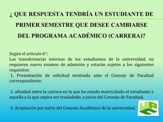 ¿ QUE RESPUESTA TENDRÍA UN ESTUDIANTE DE 
PRIMER SEMESTRE QUE DESEE CAMBIARSE 
DEL PROGRAMA ACADÉMICO (CARRERA)? 
Según el articulo 6°: 
Las transferencias internas de los estudiantes de la universidad, no 
requieren nuevo examen de admisión y estarán sujetos a los siguientes 
requisitos: 
1. Presentación de solicitud motivada ante el Consejo de Facultad 
correspondiente. 
2. afinidad entre la carrera en la que ha estado matriculado el estudiante y 
aquella a la que aspira ser trasladado, a juicio del Consejo de Facultad. 
3. Aceptación por parte del Consejo Académico de la universidad. 
 