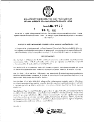 Reglamento Estudiantil ESAP - Acuerdo 0002 de Agosto 6 de 2018