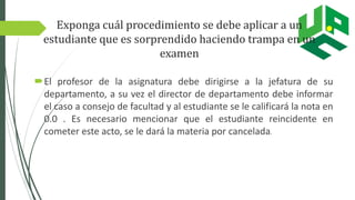 Exponga cuál procedimiento se debe aplicar a un
estudiante que es sorprendido haciendo trampa en un
examen
El profesor de la asignatura debe dirigirse a la jefatura de su
departamento, a su vez el director de departamento debe informar
el caso a consejo de facultad y al estudiante se le calificará la nota en
0.0 . Es necesario mencionar que el estudiante reincidente en
cometer este acto, se le dará la materia por cancelada.
 