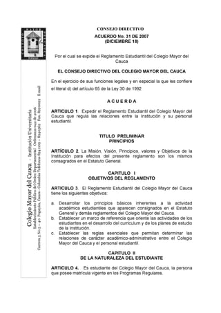 Reglamento Estudiantil Institución Universitaria Colegio Mayor del Cauca