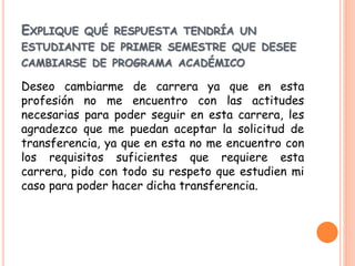EXPLIQUE QUÉ RESPUESTA TENDRÍA UN 
ESTUDIANTE DE PRIMER SEMESTRE QUE DESEE 
CAMBIARSE DE PROGRAMA ACADÉMICO 
Deseo cambiarme de carrera ya que en esta 
profesión no me encuentro con las actitudes 
necesarias para poder seguir en esta carrera, les 
agradezco que me puedan aceptar la solicitud de 
transferencia, ya que en esta no me encuentro con 
los requisitos suficientes que requiere esta 
carrera, pido con todo su respeto que estudien mi 
caso para poder hacer dicha transferencia. 
 