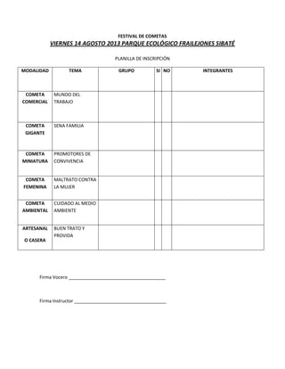 FESTIVAL DE COMETAS
VIERNES 14 AGOSTO 2013 PARQUE ECOLÓGICO FRAILEJONES SIBATÉ
PLANILLA DE INSCRIPCIÓN
MODALIDAD TEMA GRUPO SI NO INTEGRANTES
COMETA
COMERCIAL
MUNDO DEL
TRABAJO
COMETA
GIGANTE
SENA FAMILIA
COMETA
MINIATURA
PROMOTORES DE
CONVIVENCIA
COMETA
FEMENINA
MALTRATO CONTRA
LA MUJER
COMETA
AMBIENTAL
CUIDADO AL MEDIO
AMBIENTE
ARTESANAL
O CASERA
BUEN TRATO Y
PROVIDA
Firma Vocero ______________________________________
Firma Instructor ____________________________________
 