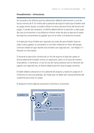 REGLA 17 – EL SAQUE DE ESQUINA    129


Procedimiento – infracciones


Se recuerda a los árbitros que los adversarios deberán permanecer a una dis-
tancia mínima de 9.15 metros del cuadrante de esquina hasta que el balón esté
en juego (como ayuda, se podrá utilizar la marca opcional fuera del terreno de
juego). Cuando sea necesario, el árbitro deberá llamar la atención a todo juga-
dor que se encuentre a una distancia inferior antes de que se ejecute el saque
de esquina y amonestará al jugador que no se retire a la distancia correcta.


Si el ejecutor toca el balón por segunda vez antes de que el balón haya to-
cado a otro jugador, se concederá un tiro libre indirecto en favor del equipo
contrario desde el lugar donde tocó el balón por segunda vez. (ver Regla 13 –
Posición en tiros libres).


Si durante la ejecución correcta de un tiro de esquina el ejecutor patea in-
tencionadamente el balón contra un adversario, pero no lo hace de manera
imprudente, ni temeraria, ni con el uso de fuerza excesiva con la intención de
jugarlo una segunda vez, el árbitro deberá permitir que el juego continúe.


El balón deberá colocarse en el cuadrante de esquina y estará en juego en el
momento en que sea pateado, de modo que no debe salir necesariamente del
cuadrante para estar en juego.


El diagrama ilustra algunas posiciones correctas e incorrectas.




CORRECTA                               CORRECTA




                                       INCORRECTA
                     CORRECTA
 