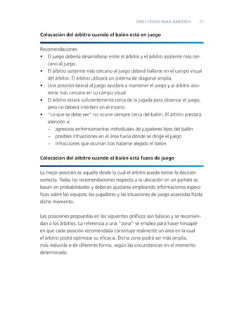 DIRECTRICES PARA ÁRBITROS      71


Colocación del árbitro cuando el balón está en juego


Recomendaciones
• El juego debería desarrollarse entre el árbitro y el árbitro asistente más cer-
   cano al juego.
• El árbitro asistente más cercano al juego deberá hallarse en el campo visual
   del árbitro. El árbitro utilizará un sistema de diagonal amplia.
• Una posición lateral al juego ayudará a mantener el juego y al árbitro asis-
   tente más cercano en su campo visual.
• El árbitro estará suﬁcientemente cerca de la jugada para observar el juego,
   pero no deberá interferir en el mismo.
• “Lo que se debe ver” no ocurre siempre cerca del balón. El árbitro prestará
   atención a:
   – agresivos enfrentamientos individuales de jugadores lejos del balón
   – posibles infracciones en el área hacia dónde se dirige el juego
   – infracciones que ocurran tras haberse alejado el balón


Colocación del árbitro cuando el balón está fuera de juego


La mejor posición es aquella desde la cual el árbitro pueda tomar la decisión
correcta. Todas las recomendaciones respecto a la ubicación en un partido se
basan en probabilidades y deberán ajustarse empleando informaciones especí-
ﬁcas sobre los equipos, los jugadores y las situaciones de juego acaecidas hasta
dicho momento.


Las posiciones propuestas en los siguientes gráﬁcos son básicas y se recomien-
dan a los árbitros. La referencia a una “zona” se emplea para hacer hincapié
en que cada posición recomendada constituye realmente un área en la cual
el árbitro podrá optimizar su eﬁcacia. Dicha zona podrá ser más amplia,
más reducida o de diferente forma, según las circunstancias en el momento
determinado.
 