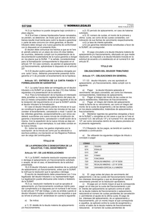 El Peruano
Martes 14 de julio de 2015557288
14.3.La hipoteca no puede otorgarse bajo condición o
plazo alguno.
14.4.Si el bien o bienes hipotecados fueran rematados,
se pierden, se deterioran, de modo que el valor de dichos
bienes resulte insuf ciente para cubrir la deuda a garantizar,
o parte de esta concurra con otras garantías, el deudor
tributario debe otorgar una nueva garantía de conformidad
con lo dispuesto en el presente título.
El deudor debe comunicar los hechos a que se re f ere
el párrafo anterior en un plazo de cinco (5) días hábiles
de ocurridos, debiendo cumplir con la presentación de la
documentación sustentatoria de la nueva garantía a otorgar
en los plazos que la SUNA T le señale, considerándose
para la formalización correspondiente lo dispuesto en el
artículo 15º. En caso contrario, se pierden el aplazamiento
y/o fraccionamiento, aplicándose lo dispuesto en el artículo
22º.
14.5.El deudor podrá sustituir la hipoteca otorgada por
una carta f anza, debiendo previamente presentar dicha
garantía a f n de proceder al levantamiento de la hipoteca.
Artículo 15º.- ENTREGA DE LA CARTA FIANZA Y
FORMALIZACIÓN DE GARANTÍAS
15.1. La carta f anza debe ser entregada por el deudor
tributario a la SUNAT en el plazo de diez (10) días hábiles
siguientes a la presentación de la solicitud.
15.2. Para la formalización de la hipoteca el interesado
debe acreditar su inscripción registral dentro del plazo de
dos (2) meses computados desde el día siguiente al día de
la recepción del requerimiento en el que la SUNAT solicita
al deudor tributario la formalización.
En caso el deudor tributario pierda la minuta en la que
se constituye la garantía así como las minutas en las que
consten el levantamiento, cancelación o modi f cación de
las referidas garantías, excepcionalmente y por única vez
deberá suscribirse una nueva minuta de constitución de
garantía o levantamiento, cancelación o modif cación de la
misma. Con la expedición de la nueva minuta se deja sin
efecto aquella a la que reemplaza, lo cual debe constar en
la nueva minuta.
En todos los casos, los gastos originados por la
suscripción de la minuta así como por su elevación a
escritura pública y la inscripción en los Registros Públicos
son de cargo del contribuyente.
TÍTULO VII
DE LA APROBACIÓN O DENEGATORIA DE LA
SOLICITUD, Y DEL DESISTIMIENTO
Artículo 16º.- DE LAS RESOLUCIONES
16.1.La SUNAT, mediante resolución expresa aprueba
o deniega el aplazamiento y/o fraccionamiento solicitado
o acepta, de ser el caso, el desistimiento de la solicitud
presentada.
16.2.El deudor tributario puede desistirse de su solicitud
de aplazamiento y/o fraccionamiento, antes que la SUNAT
le notif que la resolución que lo aprueba o deniega.
El escrito de desistimiento debe presentarse con f rma
legalizada del deudor tributario o su representante legal.
La legalización puede efectuarse ante notario o fedatario
de la SUNAT.
16.3.La resolución mediante la cual se aprueba el
aplazamiento y/o fraccionamiento constituye mérito para
dar cumplimiento a lo dispuesto por el numeral 5 del inciso
b) del artículo 119º del Código, y solo es emitida cuando el
deudor tributario hubiere cumplido con los requisitos a que
se ref ere el artículo 8º, teniéndose en cuenta lo siguiente:
a) Se indica:
a.1) El detalle de la deuda materia de aplazamiento
y/o fraccionamiento.
a.2) El período de aplazamiento, en caso de haberse
solicitado.
a.3) El número de cuotas, el monto de la primera y
última cuota, así como de las cuotas constantes, con
indicación de sus fechas de vencimiento respectivamente.
a.4) La tasa de interés aplicable.
a.5) Las garantías debidamente constituidas a favor de
la SUNAT, de corresponder.
b) El pago vinculado a la deuda tributaria materia de
aplazamiento y/o fraccionamiento, efectuado sin que medie
resolución, es imputado a la deuda tributaria incluida en la
solicitud de acuerdo a lo establecido en el numeral 9.4. del
artículo 9º.
TÍTULO VIII
OBLIGACIONES DEL DEUDOR TRIBUTARIO
Artículo 17º.- OBLIGACIONES EN GENERAL
17.1.El deudor tributario, una vez aprobado el
aplazamiento y/o fraccionamiento, debe cumplir con lo
siguiente:
a) Pagar la deuda tributaria aplazada al
vencimiento del plazo concedido, así como los intereses
correspondientes, tratándose de aplazamiento.
b) Pagar el íntegro del monto de las cuotas en los
plazos establecidos, tratándose de fraccionamiento.
c) Pagar el íntegro del interés del aplazamiento
hasta la fecha de su vencimiento, así como el íntegro del
monto de la cuota de acogimiento y de las demás cuotas
en los plazos establecidos, tratándose de aplazamiento y
fraccionamiento.
d) Mantener vigentes las garantías otorgadas a favor
de la SUNAT u otorgarlas en los casos a que se re f ere el
numeral 13.5. del artículo 13º y el numeral 14.4. del artículo
14º, así como renovarlas dentro de los plazos previstos en
el presente reglamento.
17.2.Respecto de los pagos, se tendrá en cuenta lo
señalado a continuación:
a) Se utilizarán los siguientes códigos de tributo o
concepto a pagar:
CÓDIGO DESCRIPCIÓN
8021 TESORO
5216 ESSALUD
5315 ONP
5031 FONAVI
7201 FONCOMUN
7205 REGALÍAS MINERAS – LEY Nº 28258
7207 REGALÍAS MINERAS – LEY Nº 29788
7209 GRAVAMEN ESPECIAL A LA MINERÍA
b) El pago antes del plazo de vencimiento del
aplazamiento o de las cuotas del fraccionamiento incluirá
los intereses devengados y que se devengarían hasta el
vencimiento previsto en la resolución aprobatoria.
c) El pago por un monto mayor al que le corresponde
pagar en el mes por la cuota del fraccionamiento o por
el interés del aplazamiento se aplicará contra el saldo
de la deuda materia de fraccionamiento o aplazamiento,
reduciendo el número de cuotas pendientes de cancelación
o permitiendo el ajuste de la última cuota. El pago de
los intereses del aplazamiento, de un aplazamiento y
fraccionamiento, por un monto mayor al que corresponda
a aquellos, se aplicará contra la cuota de acogimiento y
contra el saldo de la deuda materia de fraccionamiento
reduciendo el número de cuotas pendientes de
 