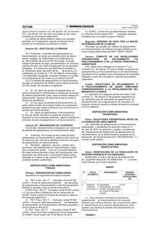 El Peruano
Martes 14 de julio de 2015557290
que se ref ere el numeral 13.5. del artículo 13º y el numeral
14.4. del artículo 14º, así como renovarlas en los casos
previstos por el presente reglamento.
La pérdida es determinada en base a las causales
previstas en el reglamento vigente al momento de la
emisión de la resolución que declare la misma.
Artículo 22º.- EFECTOS DE LA PÉRDIDA
22.1.Producida la pérdida del aplazamiento y/o
fraccionamiento se darán por vencidos todos los plazos,
siendo exigible, de conformidad con lo dispuesto por
el último párrafo del artículo 36º del Código, la deuda
tributaria pendiente de pago; procediéndose a la cobranza
coactiva de esta, así como a la ejecución de las garantías
otorgadas, si la resolución que determina la pérdida no
es reclamada dentro del plazo de ley , de acuerdo a lo
establecido por el artículo 1 15º del referido cuerpo legal,
o si habiéndola impugnado, el deudor tributario no cumple
con lo dispuesto en los incisos a) y b) del artículo 23º.
22.2.La pérdida del aplazamiento y/o fraccionamiento
da lugar a la aplicación de laTIM a que se ref ere el artículo
33º del Código, de acuerdo a lo siguiente:
a) En los casos de pérdida de aplazamiento, se
aplica únicamente la referida tasa en sustitución de la tasa
de interés originalmente f jada, sobre la deuda materia de
aplazamiento, desde el día siguiente al que se emitió la
resolución aprobatoria.
b) En los casos de pérdida de fraccionamiento, se
aplica sobre el saldo de la deuda materia de acogimiento
pendiente de pago, desde la fecha en que se incurre en la
pérdida del fraccionamiento.
c) En casos de aplazamiento y fraccionamiento,
la tasa de interés moratorio se aplica de acuerdo a lo
dispuesto en los numerales anteriores, según la pérdida se
produzca durante el aplazamiento o el fraccionamiento.
Artículo 23º.- IMPUGNACIÓN DE LA PÉRDIDA
Siel deudor tributario hubiera impugnado una resolución
de pérdida del aplazamiento y/o fraccionamiento debe:
a) Continuar con el pago de las cuotas de dicho
aplazamiento y/o fraccionamiento, hasta la notif cación de
la resolución que conf rme la pérdida o el término del plazo
del aplazamiento y/o fraccionamiento.
b) Mantener vigente(s), renovar o sustituir la(s)
garantía(s) del aplazamiento y/o fraccionamiento, hasta
que la resolución quede f rme en la vía administrativa.
De haber pronunciamiento a favor del contribuyente, la(s)
garantía(s) se mantendrán o renovará(n) hasta el plazo
señalado en el literal a) del numeral 13.4 del artículo 13º,
pudiendo también sustituirla(s).
DISPOSICIONES COMPLEMENTARIAS
FINALES
Primera.- APROBACIÓN DE FORMULARIOS
Apruébese los siguientes formularios virtuales:
a) PDT Fracc. 36 C.T . – formulario virtual Nº 687
versión 1.5 que se utiliza para presentar , las solicitudes
de aplazamiento y fraccionamiento o solo fraccionamiento
distintas a aquellas a que se ref ere el artículo 6º.
El PDT Fracc. 36 C.T. – formulario virtual Nº 687 versión
1.5 se encontrará a disposición de los interesados en
SUNAT Virtual a partir de la fecha de entrada en vigencia
del presente reglamento.
b) PDT Fracc. 36 C.T . – formulario virtual Nº 687
versión 1.6 que se utiliza para presentar , las solicitudes
de aplazamiento y/o fraccionamiento distintas a aquellas a
que se ref ere el artículo 6º.
El PDT Fracc. 36 C.T . – formulario virtual Nº 687
versión 1.6 se encontrará a disposición de los interesados
en SUNAT Virtual a partir del 15 de febrero de 2016.
La SUNAT, a través de sus dependencias, facilitará
la obtención de los citados PDT a aquellos deudores
tributarios que no tuvieran acceso a internet.
Segunda.- ÓRDENES DE PAGO POR LA MAYOR
DETERMINACIÓN DE LA DEUDA
Precísase que pueden ser materia de aplazamiento
y/o fraccionamiento, las órdenes de pago emitidas por la
mayor deuda determinada del REFT, SEAP y RESIT.
Tercera.- CÓMPUTO DE LAS RESOLUCIONES
APROBATORIAS DE APLAZAMIENTO Y/O
FRACCIONAMIENTO Y DE LA DEUDA TRIBUTARIA A
GARANTIZAR
Para efecto de lo señalado en el artículo 7º y el
numeral 10.2. del artículo 10º solo se deben considerar los
aplazamientos y/o fraccionamientos y/o re f nanciamientos
aprobados como resultado de la presentación de solicitudes
realizada a partir de la entrada en vigencia del presente
reglamento.
Cuarta.- SOLICITUDES DE APLAZAMIENTO Y/
O FRACCIONAMIENTO DE DEUDA TRIBUTARIA
CORRESPONDIENTE A LA REGULARIZACIÓN DEL
IMPUESTO A LA RENTA
Lo dispuesto en el segundo párrafo del inciso a) del
numeral 2.1. del artículo 2º del presente reglamento es
de aplicación para las solicitudes de aplazamiento y/o
fraccionamiento de la regularización del impuesto a la
renta por rentas de capital y/o trabajo del ejercicio gravable
2015 en adelante.
DISPOSICIÓN COMPLEMENTARIA
TRANSITORIA
Única.- SOLICITUDES PRESENTADAS ANTES DE
LA VIGENCIA DEL REGLAMENTO
Las solicitudes de aplazamiento y/o fraccionamiento
presentadas y pendientes de resolución hasta el 14
de julio del 2015, se resuelven y regulan considerando
las disposiciones del Reglamento de aplazamiento y/o
fraccionamiento de la deuda tributaria aprobado por la
Resolución de Superintendencia Nº 199-2004/SUNA T y
normas modif catorias.
DISPOSICIÓN COMPLEMENTARIA
MODIFICATORIA
Única.- MODIFICACIÓN DE LA RESOLUCIÓN DE
SUPERINTENDENCIA Nº 014-2008/SUNAT
Modifíquese el rubro 4 del anexo de la Resolución
de Superintendencia Nº 014-2008/SUNA T y normas
modif catorias, por el texto siguiente:
ANEXO
N.º TIPO DE
DOCUMENTO
PROCEDIMIENTO REQUIERE
AFILIACIÓN A
NOTIFICACIONES
SOL
(…)
4 Resolución de
intendencia u
of cina zonal (1)
Aplazamiento y/o
fraccionamiento de la deuda
tributaria por tributos internos
del artículo 36º del Código
Tributario
NO
(1) Que aprueba o deniega la solicitud de
aplazamiento y/o fraccionamiento de la deuda
tributaria por tributos internos, que se pronuncia sobre
el desistimiento de la solicitud presentada así como
aquella que declara la pérdida del aplazamiento y/o
fraccionamiento.
1262604-1
 