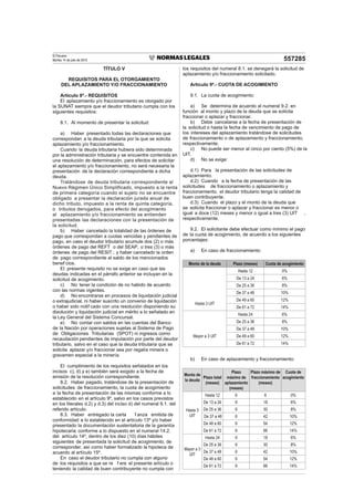 El Peruano
Martes 14 de julio de 2015 557285
TÍTULO V
REQUISITOS PARA EL OTORGAMIENTO
DEL APLAZAMIENTO Y/O FRACCIONAMIENTO
Artículo 8º.- REQUISITOS
El aplazamiento y/o fraccionamiento es otorgado por
la SUNAT siempre que el deudor tributario cumpla con los
siguientes requisitos:
8.1. Al momento de presentar la solicitud:
a) Haber presentado todas las declaraciones que
correspondan a la deuda tributaria por la que se solicita
aplazamiento y/o fraccionamiento.
Cuando la deuda tributaria hubiera sido determinada
por la administración tributaria y se encuentre contenida en
una resolución de determinación, para efectos de solicitar
el aplazamiento y/o fraccionamiento, no será necesaria la
presentación de la declaración correspondiente a dicha
deuda.
Tratándose de deuda tributaria correspondiente al
Nuevo Régimen Único Simplificado, impuesto a la renta
de primera categoría cuando el sujeto no se encuentre
obligado a presentar la declaración jurada anual de
dicho tributo, impuesto a la renta de quinta categoría,
o tributos derogados, para efecto del acogimiento
al aplazamiento y/o fraccionamiento se entienden
presentadas las declaraciones con la presentación de
la solicitud.
b) Haber cancelado la totalidad de las órdenes de
pago que correspondan a cuotas vencidas y pendientes de
pago, en caso el deudor tributario acumule dos (2) o más
órdenes de pago del REFT o del SEAP, o tres (3) o más
órdenes de pago del RESIT ; y haber cancelado la orden
de pago correspondiente al saldo de los mencionados
benef cios.
El presente requisito no se exige en caso que las
deudas indicadas en el párrafo anterior se incluyan en la
solicitud de acogimiento.
c) No tener la condición de no habido de acuerdo
con las normas vigentes.
d) No encontrarse en procesos de liquidación judicial
o extrajudicial, ni haber suscrito un convenio de liquidación
o haber sido notif cado con una resolución disponiendo su
disolución y liquidación judicial en mérito a lo señalado en
la Ley General del Sistema Concursal.
e) No contar con saldos en las cuentas del Banco
de la Nación por operaciones sujetas al Sistema de Pago
de Obligaciones Tributarias (SPOT) ni ingresos como
recaudación pendientes de imputación por parte del deudor
tributario, salvo en el caso que la deuda tributaria que se
solicita aplazar y/o fraccionar sea por regalía minera o
gravamen especial a la minería.
El cumplimiento de los requisitos señalados en los
incisos c), d) y e) también será exigido a la fecha de
emisión de la resolución correspondiente.
8.2. Haber pagado, tratándose de la presentación de
solicitudes de fraccionamiento, la cuota de acogimiento
a la fecha de presentación de las mismas conforme a lo
establecido en el artículo 9º, salvo en los casos previstos
en los literales d.2) y d.3) del inciso d) del numeral 9.1. del
referido artículo.
8.3. Haber entregado la carta f anza emitida de
conformidad a lo establecido en el artículo 13º y/o haber
presentado la documentación sustentatoria de la garantía
hipotecaria conforme a lo dispuesto en el numeral 14.2.
del artículo 14º, dentro de los diez (10) días hábiles
siguientes de presentada la solicitud de acogimiento, de
corresponder, así como haber formalizado la hipoteca de
acuerdo al artículo 15º.
En caso el deudor tributario no cumpla con alguno
de los requisitos a que se re f ere el presente artículo o
teniendo la calidad de buen contribuyente no cumpla con
los requisitos del numeral 8.1. se denegará la solicitud de
aplazamiento y/o fraccionamiento solicitado.
Artículo 9º.- CUOTA DE ACOGIMIENTO
9.1. La cuota de acogimiento:
a) Se determina de acuerdo al numeral 9.2. en
función al monto y plazo de la deuda que se solicita
fraccionar o aplazar y fraccionar.
b) Debe cancelarse a la fecha de presentación de
la solicitud o hasta la fecha de vencimiento de pago de
los intereses del aplazamiento tratándose de solicitudes
de fraccionamiento o de aplazamiento y fraccionamiento,
respectivamente.
c) No puede ser menor al cinco por ciento (5%) de la
UIT.
d) No se exige:
d.1) Para la presentación de las solicitudes de
aplazamiento.
d.2) Cuando a la fecha de presentación de las
solicitudes de fraccionamiento o aplazamiento y
fraccionamiento, el deudor tributario tenga la calidad de
buen contribuyente.
d.3) Cuando el plazo y el monto de la deuda que
se solicita fraccionar o aplazar y fraccionar es menor o
igual a doce (12) meses y menor o igual a tres (3) UIT ,
respectivamente.
9.2. El solicitante debe efectuar como mínimo el pago
de la cuota de acogimiento, de acuerdo a los siguientes
porcentajes:
a) En caso de fraccionamiento:
Monto de la deuda Plazo (meses) Cuota de acogimiento
Hasta 3 UIT
Hasta 12 0%
De 13 a 24 6%
De 25 a 36 8%
De 37 a 48 10%
De 49 a 60 12%
De 61 a 72 14%
Mayor a 3 UIT
Hasta 24 6%
De 25 a 36 8%
De 37 a 48 10%
De 49 a 60 12%
De 61 a 72 14%
b) En caso de aplazamiento y fraccionamiento:
Monto de
la deuda
Plazo total
(meses)
Plazo
máximo de
aplazamiento
(meses)
Plazo máximo de
fraccionamiento
(meses)
Cuota de
acogimiento
Hasta 3
UIT
Hasta 12 6 6 0%
De 13 a 24 6 18 6%
De 25 a 36 6 30 8%
De 37 a 48 6 42 10%
De 49 a 60 6 54 12%
De 61 a 72 6 66 14%
Mayor a 3
UIT
Hasta 24 6 18 6%
De 25 a 36 6 30 8%
De 37 a 48 6 42 10%
De 49 a 60 6 54 12%
De 61 a 72 6 66 14%
 