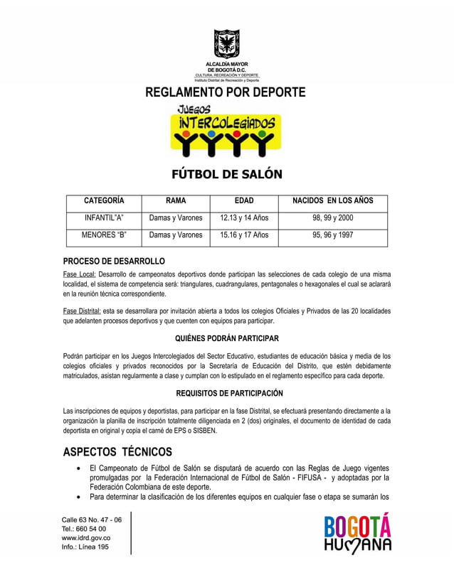 Juegos intercolegiados. Reglamento futbolsalon PDF