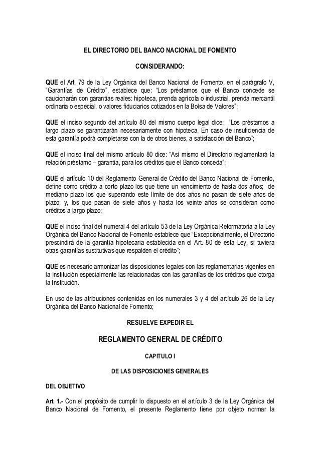 Reglamento general credito, BNF