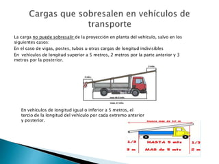 La carga no puede sobresalir de la proyección en planta del vehículo, salvo en los
siguientes casos:
En el caso de vigas, postes, tubos u otras cargas de longitud indivisibles
En vehículos de longitud superior a 5 metros, 2 metros por la parte anterior y 3
metros por la posterior.
En vehículos de longitud igual o inferior a 5 metros, el
tercio de la longitud del vehículo por cada extremo anterior
y posterior.
 