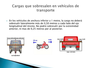 En los vehículos de anchura inferior a 1 metro, la carga no deberá
sobresalir lateralmente más de 0,50 metros a cada lado del eje
longitudinal del mismo. No podrá sobresalir por la extremidad
anterior, ni mas de 0,25 metros por al posterior.
 