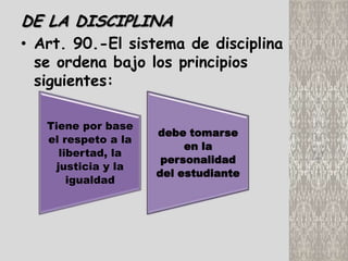 DE LA DISCIPLINA
• Art. 90.-El sistema de disciplina
  se ordena bajo los principios
  siguientes:

   Tiene por base
                     debe tomarse
   el respeto a la
                          en la
      libertad, la
                      personalidad
     justicia y la
                     del estudiante
        igualdad
 