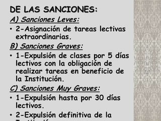 DE LAS SANCIONES:
A) Sanciones Leves:
• 2-Asignación de tareas lectivas
  extraordinarias.
B) Sanciones Graves:
• 1-Expulsión de clases por 5 días
  lectivos con la obligación de
  realizar tareas en beneficio de
  la Institución.
C) Sanciones Muy Graves:
• 1-Expulsión hasta por 30 días
  lectivos.
• 2-Expulsión definitiva de la
 