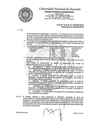 ,.ll .. (1 0)
Art.22.
ü niv ersifaf fil'acionn { {e,flsunción
CONSEJO SU PERI,OR UNIVERSTTARIO
wwl|r.una.py
C. Elect.l sgenera,l@rec.una.py
Telefax: SgS - zt .F SsF s4O I l, SgSb fl I a
CC: 910, Asunción - parag,uay
Campus de la UNA, San LorerZo * páraguay
Acta,No 14 (A.S. No 14tI5lOTtZ015l
Rqsof ueión No 0264-00-201 s
conocimiento.de los participantes - por escrito - en el transcurso de la primera sesíón
qn.tfje.rgúna su clas¡1, debiendo estar previamente aprobado por É Coordinación
del PPG' Además para Profesores residenies en el extranjero deb'era especificarse el
plazo de entrega de la calificación final.
#ffit¡ffi ",f"l,Tfs#1"ffi5tffi *" .",","
ffi/.ftfrruu'$ f;p:gF:;',fgee'j e"HF" ff${.'"tffiqi nive'es de
%;: .ffiF:t'i!g'l*;
i,,g3n¡,q,io..,qEr.r,a*o#:.F":l9t*t,:fg$-,ffi':ffi"}Fdemuestraun
;5fiil1ffi"[#0"üWno por el proresor, demuestra un
A (Aprobado) o R. (Reprobado). Se aplicará en las actividades acadérnicas
cuya evaluación es cualitativa.
El profeqg¡ asignará a cada participante la calificación apropiada de entre las
comprendidas en la escala establecida, teniendo como base tos ébrirentos de evaluación
necesarios. Las.calificaciones han sido establecidas con la:finalidad de proporciionar a los
profesores, participantes y administración del programa ostgrado, información sobre
el aprovechamiento individual de cada participante-en la actividades académ icas
del programa de estudios.
b.
c.
En e_l caso.deque la
_?Sj#rajtengaq€lrqgiones parciales, exceptuando el final, ta
!:i33f:'ol1 $ffi.'ffffi.[4" ffiopaWt
e0% siendo ia evaruación nnal
't"*"'q'ii#ng,3'iJ"'
;Í!4*r':i.o$¡ ;,r::f . tS¿6ffi
#s;fr
;* ,ff*fr:li
r,,0",'Íff.MmH'ii¿,istri:ffiJ:l,.T?;
CSU/SG/bsv/alallbvs
dive
Página 37 de 130
 