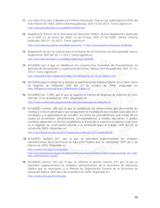 45
11. Ley sobre el Escudo, la Bandera y el Himno Nacionales. Nueva Ley, publicada en el DOF del
8 de febrero de 1984. Última reforma publicada: DOF 16-04-2014. Texto vigente en:
http://www.diputados.gob.mx/LeyesBiblio/ref/lebhn.htm
12. Reglamento Interior de la Secretaría de Educación Pública. Nuevo Reglamento, publicado
en el DOF 21 de enero de 2005. Fe de Erratas: DOF 01-02-2005. Última reforma
publicada: DOF 01-10-2013. Texto vigente en:
http://www.diputados.gob.mx/LeyesBiblio/norma.htm o http://www.dof.gob.mx/busqueda_detalle.php
13. Reglamento de la Ley General para la Inclusión de las Personas con Discapacidad. Nuevo
Reglamento. DOF del 30-11-2012. Texto vigente en:
http://www.diputados.gob.mx/LeyesBiblio/regley/Reg_LGIPD.pdf
14. ACUERDO por el que se establecen los Lineamientos Generales del Procedimiento de
Apostilla de Documentos y Legalización de Firmas. Última reforma publicada: DOF 15-10-
2013. Texto vigente en:
http://dof.gob.mx/nota_detalle.php?codigo=5317985&fecha=15/10/2013&print=true
15. ACUERDO para la Adopción y Uso por la Administración Pública Federal, de la Clave Única
de Registro de Población. DOF del 23 de octubre de 1996. Disponible en:
http://dof.gob.mx/index.php?year=1996&month=10&day=23
16. ACUERDO No. 1/SPC, por el que se suprime el trámite de dispensa de violación de ciclo.
DOF del 17 de diciembre de 1997. Disponible en:
http://www.controlescolar.sep.gob.mx/index.php/formacion-para-el-trabajo?id=76
17. ACUERDO número 286 por el que se establecen los lineamientos que determinan las
normas y criterios generales a que se ajustarán la revalidación de estudios realizados en el
extranjero y la equivalencia de estudios, así como los procedimientos por medio de los
cuales se acreditarán conocimientos correspondientes a niveles educativos o grados
escolares adquiridos en forma autodidacta, a través de la experiencia laboral o con base
en el régimen de certificación referido a la formación para el trabajo. DOF del 30 de
octubre de 2000. Disponible en:
http://www.sincree.sep.gob.mx/work/models/sincree/Resource/37/acuerdo286.pdf
18. ACUERDO número 351, por el que se adscriben orgánicamente las unidades
administrativas de la Secretaría de Educación Pública que se mencionan. DOF del 4 de
febrero de 2005. Disponible en:
http://cosdac.sems.gob.mx/riems.php y
http://normatecainterna.sep.gob.mx/work/models/normateca/Resource/248/2/images/acuerdo_351_unid
ades_administrativas_sep.pdf
19. ACUERDO número 497 por el que se reforma el diverso número 351 por el que se
adscriben orgánicamente las unidades administrativas de la Secretaría de Educación
Pública que se mencionan, y el Manual de Organización General de la Secretaría de
Educación Pública. DOF del 4 de noviembre de 2009. Disponible en:
http://cosdac.sems.gob.mx/riems.php
 