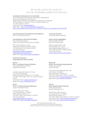 Área de control escolar
en las unidades administrativas
Autoridad coordinadora en normatividad
Dirección General de Acreditación, Incorporación y Revalidación
Director de Acreditación y Certificación
Subdirección de Diseño y Desarrollo de la Acreditación y Certificación
Arcos de Belén 79, 5° piso, Col. Centro, CP. 06010, México, D.F.
Tel. 3601 7500 Ext. 54182
Correo electrónico: deac@sep.gob.mx
Página Web: http://www.controlescolar.sep.gob.mx/
http://www.sep.gob.mx/wb/sep1/sep1_Direccion_Genera l_de_Acreditacion#.UTj53leY2ZR
Coordinación Sectorial de Desarrollo Académico
Mtro. Juan Pablo Arroyo Ortiz
Coordinadores y dirección estratégica
Mtro. Daniel López Barrera
Asesor en Innovación Educativa de la COSDAC
MTE. Ismael Enrique Lee Cong
Subdirector de Innovación de la COSDAC
Tels. 3600 4550, Exts. 64355 y 64356
Correos electrónicos:
daniel.lopez@cosdac.sems.gob.mx
ismael.lee@cosdac.sems.gob.mx
Página Web: http://www.cosdac.sems.gob.mx
Corrección de estilo
Luis Antonio Ramírez Montero
Asesor técnico pedagógico
Mariana Godínez Morales
Oscar Efrén Mexía López
Mariano Escobedo Núm. 438,
Col. Casa Blanca, CP. 14630
Deleg. Miguel Hidalgo, México, D. F.
Tels. 3600 4550, Exts. 64250 y 64356
Correos electrónicos:
mariana.godinez@cosdac.sems.gob.mx
Directores técnicos y
responsables de control escolar
DGETA
Mtro. Luis Manuel Esquivel Almanza
Jesús Antonio Martínez Chávez
Claudia Peña Martínez
José María Ibarrarán Núm. 84, 10º piso,
Col. San José Insurgentes,
Deleg. Benito Juárez, México, D. F. CP. 03900
Tel. 3601 1000 y 3601 1097, Ext. 62362, 62364 y
62369
Correo electrónico nsedgeta@hotmail.com
Página Web: http://www.dgeta.edu.mx
DGECyTM
Ocean. Víctor Manuel Rojas Reynosa
Rodolfo Ruiz Martínez
Laura López Solís
Fernando de Alva Ixtlilxóchitl Núm. 185,
Col. Tránsito, CP. 06820
Deleg. Cuauhtémoc, México, D.F.
Tels. 3601 1000 y 3601 1097, Ext. 64096
Correo electrónico: dgecytmsige@yahoo.com.mx
Página Web: http://uecytm.sep.gob.mx
DGETI
M. en C. Carolina Armenta Bojórquez
Jorge Jesús Ángeles Pineda
Centeno Núm. 670, 4º piso,
Col. Granjas México, CP. 08400
Deleg. Iztacalco, México, D. F.
Tels. 3601 1000 y 3601 6000, Ext. 60764
Correos electrónicos:
jorgej.angeles@dgeti.sems.gob.mx
Página Web: http://www.dgeti.sep.gob.mx
CECyTE
Mtro. Alejandro Mota Quintero
Othón Ortiz Garduño
Gustavo Domínguez Cruz
Azafrán Núm. 386, 2do. piso,
Col. Granjas México, CP. 08400
Deleg. Iztacalco, México, D. F.
Tels. 3601 1000 y 3601 6000, Exts. 60521 y 60523
Correo electrónico: alexmotaquintero@gmail.com
Página Web: http://www.cecyte.sems.gob.mx
Secretaría de Educación Pública, 2014
Se autoriza la reproducción total o parcial de este documento,
siempre y cuando se cite la fuente y no se haga con fines de lucro.
 