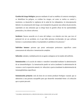 15
Gestión del riesgo biológico: proceso mediante el cual se establece el contexto estratégico,
se identifican los peligros, se evalúan los riesgos, así como se realiza su control y
monitoreo, se desarrolla la vigilancia de la salud de los trabajadores, la reincorporación
laboral y la comunicación del riesgo; con el propósito de generar una cultura de prevención,
soportados en una estructura que se dirige hacia la gestión eficaz de las oportunidades
potenciales y los efectos adversos.
Incidente: Suceso acaecido en el curso del trabajo o en relación con éste, que tuvo el
potencial de ser un accidente, en el que hubo personas involucradas sin que sufrieran
lesiones o se presentaran daños a la propiedad y/o pérdida en los procesos.4
Individuo inmune: persona que posee anticuerpos protectores específicos como
consecuencia de infección o inmunización completa.
Infección: entrada y multiplicación de un agente contagioso en los tejidos del anfitrión.
Inmunización: es la acción de inducir o transferir inmunidad mediante la administración
de un inmunobiológico. La inmunización puede ser activa (mediante la administración de
vacunas o con la exposición natural a la infección) o pasiva (mediante la administración de
inmunoglobulinas específicas).
Inmunización primaria: serie de dosis de un mismo producto biológico vacunal, que se
administra a una persona susceptible para que desarrolle inmunidad frente a la infección
que se quiere prevenir.
4
COLOMBIA. MINISTERIO DE LA PROTECCION SOCIAL. RESOLUCION 1401 de 2007.
 