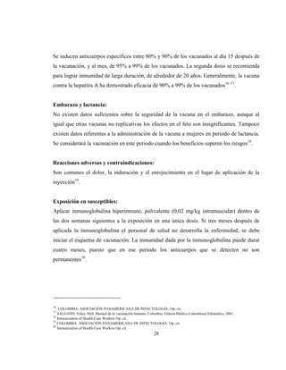 28
Se inducen anticuerpos específicos entre 80% y 90% de los vacunados al día 15 después de
la vacunación, y al mes, de 95% a 99% de los vacunados. La segunda dosis se recomienda
para lograr inmunidad de larga duración, de alrededor de 20 años. Generalmente, la vacuna
contra la hepatitis A ha demostrado eficacia de 90% a 99% de los vacunados16 17
.
Embarazo y lactancia:
No existen datos suficientes sobre la seguridad de la vacuna en el embarazo, aunque al
igual que otras vacunas no replicativas los efectos en el feto son insignificantes. Tampoco
existen datos referentes a la administración de la vacuna a mujeres en periodo de lactancia.
Se considerará la vacunación en este periodo cuando los beneficios superen los riesgos18
.
Reacciones adversas y contraindicaciones:
Son comunes el dolor, la induración y el enrojecimiento en el lugar de aplicación de la
inyección19
.
Exposición en susceptibles:
Aplicar inmunoglobulina hiperinmune, polivalente (0,02 mg/kg intramuscular) dentro de
las dos semanas siguientes a la exposición en una única dosis. Si tres meses después de
aplicada la inmunoglobulina el personal de salud no desarrolla la enfermedad, se debe
iniciar el esquema de vacunación. La inmunidad dada por la inmunoglobulina puede durar
cuatro meses, puesto que en ese periodo los anticuerpos que se detecten no son
permanentes20
.
16
. COLOMBIA. ASOCIACIÓN PANAMERICANA DE INFECTOLOGÍA. Op. cit.
17
SALGADO, Vélez. Helí. Manual de la vacunación humana. Colombia: Editora Médica Colombiana Edimédico, 2001.
18
Immunization of Health-Care Workers Op. cit.
19
COLOMBIA. ASOCIACIÓN PANAMERICANA DE INFECTOLOGÍA. Op. cit.
20
Immunization of Health-Care Workers Op. cit.
 