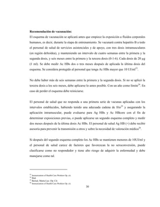 30
Recomendación de vacunación:
El esquema de vacunación se aplicará antes que empiece la exposición a fluidos corporales
humanos, es decir, durante la etapa de entrenamiento. Se vacunará contra hepatitis B a todo
el personal de salud de servicios asistenciales y de apoyo, con tres dosis intramusculares
(en región deltoidea), y manteniendo un intervalo de cuatro semanas entre la primera y la
segunda dosis, y seis meses entre la primera y la tercera dosis (0-1-6). Cada dosis de 20 µg
(1 ml). Se debe medir Ac HBs dos o tres meses después de aplicada la última dosis del
esquema. Se considera protegido al personal que tenga Ac HBs mayor que 10 UI/ml23
.
No debe haber más de seis semanas entre la primera y la segunda dosis. Si no se aplicó la
tercera dosis a los seis meses, debe aplicarse lo antes posible. Con un año como límite24
. En
caso de perder el esquema debe reiniciarse.
El personal de salud que no responda a una primera serie de vacunas aplicadas con los
intervalos establecidos, habiendo tenido una adecuada cadena de frío25
y asegurando la
aplicación intramuscular, puede evaluarse para Ag HBs y Ac HBcore con el fin de
determinar exposiciones previas, o puede aplicarse un segundo esquema completo y medir
dos meses después de la última dosis Ac HBs. El personal de salud Ag HB (+) debe recibir
asesoría para prevenir la transmisión a otros y sobre la necesidad de valoración médica26
.
Si después del segundo esquema completo los Ac HBs se mantienen menores de 10UI/ml y
el personal de salud carece de factores que favorezcan la no seroconversión, puede
clasificarse como no respondedor y tiene alto riesgo de adquirir la enfermedad y debe
manejarse como tal.
23
Immunization of Health-Care Workers Op. cit.
24
Ibid.
25
Bernal, Marta Luz. Op. Cit.
26
Immunization of Health-Care Workers Op. cit.
 
