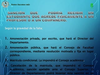 Juntos hacemos más 
Según la gravedad de la falta; 
1. Amonestación privada, por escrito, que hará el Director del 
Departamento. 
2. Amonestación pública, que hará el Consejo de Facultad 
correspondiente, mediante resolución motivada y fija en lugar 
público. 
3. Matrícula condicional. La impondrá el Consejo académico. 
4. Cancelación de la matricula, que impondrá el Consejo 
académico, sanción apelable ante el Consejo Superior. El 
Director de Departamento podrá levantar esta sanción en un 
 