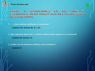Juntos hacemos más 
1. ¿Como solicitar certificados o constancias? 
-Capitulo VIII; Articulo 80, 81 y 82. 
2. ¿Qué requisitos debo tener y cuántos creditos puedo registrar en un semestre? 
-Capitulo IIII; Articulo 16. 
3. ¿Cuáles son mis derechos y deberes como estudiante ? 
-Capitulo IV. 
 