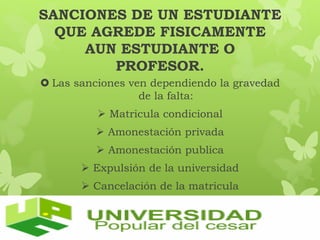 SANCIONES DE UN ESTUDIANTE 
QUE AGREDE FISICAMENTE 
AUN ESTUDIANTE O 
PROFESOR. 
 Las sanciones ven dependiendo la gravedad 
de la falta: 
 Matricula condicional 
 Amonestación privada 
 Amonestación publica 
 Expulsión de la universidad 
 Cancelación de la matricula 
 