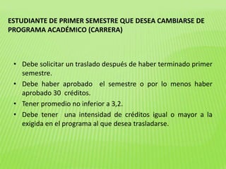 ESTUDIANTE DE PRIMER SEMESTRE QUE DESEA CAMBIARSE DE 
PROGRAMA ACADÉMICO (CARRERA) 
• Debe solicitar un traslado después de haber terminado primer 
semestre. 
• Debe haber aprobado el semestre o por lo menos haber 
aprobado 30 créditos. 
• Tener promedio no inferior a 3,2. 
• Debe tener una intensidad de créditos igual o mayor a la 
exigida en el programa al que desea trasladarse. 
 