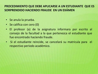 PROCEDIMIENTO QUE DEBE APLICARSE A UN ESTUDIANTE QUE ES 
SORPRENDIDO HACIENDO FRAUDE EN UN EXÁMEN 
• Se anula la prueba. 
• Se califica con cero (0) 
• El profesor (a) de la asignatura informara por escrito al 
consejo de la facultad a la que pertenezca el estudiante que 
fue encontrado haciendo fraude. 
• Si el estudiante reincide, se cancelará su matricula para el 
respectivo periodo académico. 
 