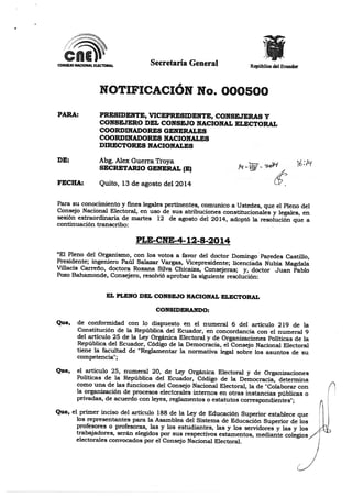 Reglamento Conformación Colegios Electorales del Sistema Nacional de Educacón Superior Ecuador 