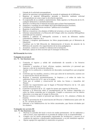 INSTITUCIÓN EDUCATIVA                                              INSTRUMENTO DE GESTIÓN
―CORONEL GREGORIO ALBARRACÍN‖                                           REGLAMENTO INTERNO 2009



             Llenado de la solicitud correspondiente.
        I.   Aplicar las sanciones correspondientes de acuerdo al reglamento de la biblioteca.
        j.   Registrar el material bibliográfico prestado a domicilio mediante solicitud
             correspondiente así como exigir su devolución oportuna.
        k.   Es responsable de su cuidado y mantenimiento. Debe reportar a la Dirección de la I.E.
             cualquier deficiencia o anomalía detectada.
        I.   Solicitar a la Dirección el material necesario para su buen funcionamiento.
        m.   Organizar y coordinar las actividades del Club de Bibliotecarios Escolares.
        n.   Coordinar con las bibliotecas escolares y públicas de la localidad.
        o.   Registrar el mobiliario.
        p.   Motivar e incentivar a los alumnos el hábito de la lectura y el uso de la biblioteca.
        q.   Informar semestralmente a la Dirección del Colegio sobre las consultas bibliográficas
             realizadas por los usuarios.
        r.   Elaborar y publicar la bibliografía existente a través de diferentes medios
             (informáticos, impresos, etc.)
        s.   Entregar y recuperar oportunamente los libros proporcionados por el Ministerio de
             Educación.
        t.   Coordinar con la Sub Dirección de Administración el ho rario de atención de la
             Biblioteca de acuerdo a los requerimientos de las áreas pedagógicas.
        u.   Actualizar, conservar y atender la videoteca de la institución.
        v.   Participa y apoya en otras acciones que le encargue la Dirección.

Del Personal de Serv icio :

Trabajador de servicio II
Art. 72. Sus funciones son:

        a.   Controlar el ingreso y salida del estudiantado de acuerdo a los horarios
             establecidos.
        b.   Controlar y custodiar el local, oficinas, equipos, materiales y/o personal que
             ingresa y sale de la institución educ ativa.
        c.   Ayudar en la confección e instalación de decorados escenográficos que programe
             la I.E.
        d.   Controlar que los muebles, enseres y otros que salen de la institución, cuenten con
             la autorización oficial del director.
        e.   Realizar y mantener permanentemente, la limpieza y el orden de todos los
             ambientes físicos de la I.E. que se le asigne.
        f.   Velar por el cuidado y conservación de todos los bienes e inmuebles del
             Plantel.
        g.   Atender los requerimientos que le hagan el Personal Directivo de la I.E. para
             realizar labores de aseo.
        h.   Controlar la portería de la I.E. según los turnos que organice la Dirección.
        i.   Informar a la Dirección sobre el incumplimiento de las órdenes impartidas y/o
             sobre las faltas cometidas por el alumnado. Cumplir a conciencia con las labores
             inherentes a su cargo que le asigne la Dirección.
        h.   Mostrar cortesía y respeto al personal que labora en la I.E., alumnos y Padres de
             Familia.
        i.   Exigir la presentación de la autorización del Director o Subdirectores para salir de
             la I.E. en horas de clases.
        j.   Informar a los Subdirectores de los útiles encontrados, que fueron olvidados por
             los alumnos.

Trabajador de servicio III
Art. 73. Sus funciones son:
      a.    Realizar la custodia del local a través de rondas permanentes de los ambientes y
            todo el local, cuya seguridad en su jornada de trabajo es de su responsabilidad.
      b.    Cumplir con los turnos programados registrando las incidencias y sucesos en el
            cuaderno de registros, comunicando inmediatamente, a su jefe inmediato superior.
      c.    Operar equipos de seguridad y/o materiale s en general.




                                                                                                  25
 