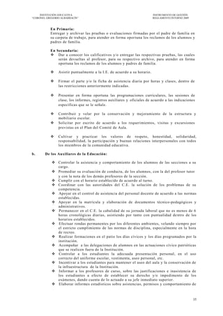 INSTITUCIÓN EDUCATIVA                                                INSTRUMENTO DE GESTIÓN
―CORONEL GREGORIO ALBARRACÍN‖                                             REGLAMENTO INTERNO 2009



           En Primaria:
           Entregar y archivar las pruebas o evaluaciones firmadas por el padre de familia en
           su carpeta de trabajo, para atender en forma opor tuna los reclamos de los alumnos y
           padres de familia.

           En Secundaria:
            Dar a conocer los calificativos y/o entregar las respectivas pruebas, las cuales
               serán devueltas al profesor, para su respectivo archivo, para atender en forma
               oportuna los reclamos de los alumnos y padres de familia.

               Asistir puntualmente a la I.E. de acuerdo a su horario.

               Firmar el parte y/o la ficha de asistencia diaria por horas y clases, dentro de
                las restricciones anteriormente indicadas.

               Presentar en forma oportuna las programaciones curriculares, las sesiones de
                clase, los informes, registros auxiliares y oficiales de acuerdo a las indicaciones
                específicas que se le señale.

               Contribuir y velar por la conservación y mejoramiento de la estructura y
                mobiliario escolar.
               Solicitar por escrito de acuerdo a los requerimientos, visitas y excursiones
                previstas en el Plan del Comité de Aula.

               Cultivar y practicar los valores de respeto, honestidad, solidaridad,
                responsabilidad, la participación y buenas relaciones interpersonales con todos
                los miembros de la comunidad educativa.

b.      De los Auxiliares de la Educación:

             Controlar la asistencia y comportamiento de los alumnos de las secciones a su
              cargo.
             Promediar su evaluación de conducta, de los alumnos, con la del profesor tutor
              y con la nota de los demás profesores de la sección.
             Cumplir con el horario establecido de acuerdo al turno.
             Coordinar con las autoridades del C.E. la solución de los problemas de su
              competencia.
             Apoyar en el control de asistencia del personal docente de acuerdo a las normas
              establecidas.
             Apoyar en la matrícula y elaboración de documentos técnico-pedagógicos y
              administrativos.
             Permanecer en el C.E. la cabalidad de su jornada laboral que no es menos de 6
              horas cronológicas diarias, asistiendo por tanto con puntualidad de ntro de los
              horarios establecidos.
             Efectuar rondas permanentes por los diferentes ambientes, velando siempre por
              el estricto cumplimiento de las normas de disciplina, especialmente en la hora
              de recreo.
             Realizar formaciones en el patio los días cívicos y los días programados por la
              institución.
             Acompañar a las delegaciones de alumnos en las actuaciones cívico patrióticas
              que se realicen fuera de la Institución.
             Controlar a los estudiantes la adecuada presentación personal, en el uso
              correcto del uniforme escolar, vestimenta, aseo personal, etc.
             Incentivar a los estudiantes para mantener el aseo del aula y la conservación de
              la infraestructura de la Institución.
             Informar a los profesores de curso, sobre las justificaciones e inasistencia de
              los estudiantes a efecto de establecer su derecho y/o impedimento de los
              exámenes, dando cuenta de lo actuado a su jefe inmediato superior.
             Elaborar informes estadísticos sobre asistencias, permisos y comportamiento de



                                                                                                    35
 