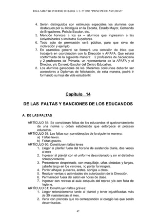 REGLAMENTO INTERNO 2012-2014 I. E. Nº 7096 “PRINCIPE DE ASTURIAS”




        3. Evadirse del aula y del plantel por la pu...