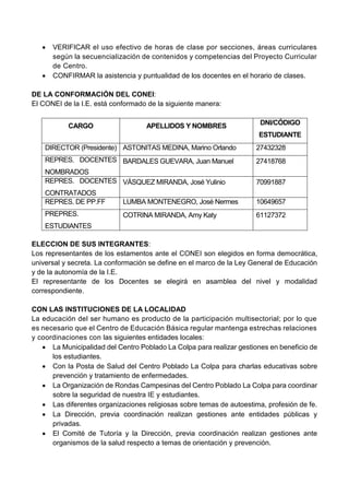  VERIFICAR el uso efectivo de horas de clase por secciones, áreas curriculares
según la secuencialización de contenidos y competencias del Proyecto Curricular
de Centro.
 CONFIRMAR la asistencia y puntualidad de los docentes en el horario de clases.
DE LA CONFORMACIÓN DEL CONEI:
El CONEI de la I.E. está conformado de la siguiente manera:
CARGO APELLIDOS Y NOMBRES DNI/CÓDIGO
ESTUDIANTE
DIRECTOR (Presidente) ASTONITAS MEDINA, Marino Orlando 27432328
REPRES. DOCENTES
NOMBRADOS
BARDALES GUEVARA, Juan Manuel 27418768
REPRES. DOCENTES
CONTRATADOS
VÁSQUEZ MIRANDA, José Yulinio 70991887
REPRES. DE PP.FF LUMBA MONTENEGRO, José Nermes 10649657
PREPRES.
ESTUDIANTES
COTRINA MIRANDA, Amy Katy 61127372
ELECCION DE SUS INTEGRANTES:
Los representantes de los estamentos ante el CONEI son elegidos en forma democrática,
universal y secreta. La conformación se define en el marco de la Ley General de Educación
y de la autonomía de la I.E.
El representante de los Docentes se elegirá en asamblea del nivel y modalidad
correspondiente.
CON LAS INSTITUCIONES DE LA LOCALIDAD
La educación del ser humano es producto de la participación multisectorial; por lo que
es necesario que el Centro de Educación Básica regular mantenga estrechas relaciones
y coordinaciones con las siguientes entidades locales:
 La Municipalidad del Centro Poblado La Colpa para realizar gestiones en beneficio de
los estudiantes.
 Con la Posta de Salud del Centro Poblado La Colpa para charlas educativas sobre
prevención y tratamiento de enfermedades.
 La Organización de Rondas Campesinas del Centro Poblado La Colpa para coordinar
sobre la seguridad de nuestra IE y estudiantes.
 Las diferentes organizaciones religiosas sobre temas de autoestima, profesión de fe.
 La Dirección, previa coordinación realizan gestiones ante entidades públicas y
privadas.
 El Comité de Tutoría y la Dirección, previa coordinación realizan gestiones ante
organismos de la salud respecto a temas de orientación y prevención.
 