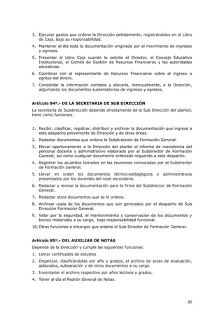 3. Ejecutar gastos que ordene la Dirección debidamente, registrándolos en el Libro
de Caja, bajo su responsabilidad.
4. Mantener al día toda la documentación originada por el movimiento de ingresos
y egresos.
5. Presentar el Libro Caja cuando lo solicite el Director, el Consejo Educativo
Institucional, el Comité de Gestión de Recursos Financieros y las autoridades
educativas.
6. Coordinar con el representante de Recursos Financieros sobre el ingreso o
egreso del dinero.
7. Consolidar la información contable y elevarla, mensualmente, a la Dirección,
adjuntando los documentos sustentatorios de ingresos y egresos.
Artículo 84º.- DE LA SECRETARIA DE SUB DIRECCIÓN
La secretaria de Subdirección depende directamente de la Sub Dirección del plantel;
tiene como funciones:
1. Recibir, clasificar, registrar, distribuir y archivar la documentación que ingresa a
este despacho proveniente de Dirección y de otras áreas.
2. Redactar documentos que ordena la Subdirección de Formación General.
3. Elevar oportunamente a la Dirección del plantel el informe de inasistencia del
personal docente y administrativo elaborado por el Subdirector de Formación
General; así como cualquier documento ordenado requerido a este despacho.
4. Registrar los acuerdos tomados en las reuniones convocadas por el Subdirector
de Formación General.
5. Llevar en orden los documentos técnico-pedagógicos y administrativos
presentados por los docentes del nivel secundario.
6. Redactar y revisar la documentación para la firma del Subdirector de Formación
General.
7. Redactar otros documentos que se le ordene.
8. Archivar copia de los documentos que son generados por el despacho de Sub
Dirección Formación General.
9. Velar por la seguridad, el mantenimiento y conservación de los documentos y
bienes materiales a su cargo, bajo responsabilidad funcional.
10. Otras funciones o encargos que ordene el Sub Director de Formación General.
Artículo 85º.- DEL AUXILIAR DE NOTAS
Depende de la Dirección y cumple las siguientes funciones:
1. Llenar certificados de estudios
2. Organizar, clasificándolas por año y grados, el archivo de actas de evaluación,
aplazados, subsanación y de otros documentos a su cargo.
3. Inventariar el archivo respectivo por años lectivos y grados.
4. Tener al día el Padrón General de Notas.
45
 