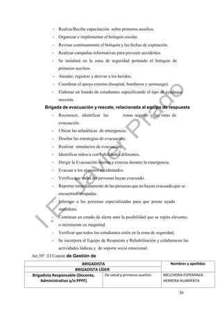 36
- Realiza/Recibe capacitación sobre primeros auxilios.
- Organizar e implementar el botiquín escolar.
- Revisar continuamente el botiquín y las fechas de expiración.
- Realizar campañas informativas para prevenir accidentes.
- Se instalará en la zona de seguridad portando el botiquín de
primeros auxilios.
- Atender, registrar y derivar a los heridos.
- Coordinar el apoyo externo (hospital, bomberos y serenazgo).
- Elaborar un listado de estudiantes especificando el tipo de ayudaque
necesita.
Brigada de evacuación y rescate, relacionada al equipo de respuesta
- Reconocer, identificar las zonas seguras y las rutas de
evacuación.
- Ubicar las señaléticas de emergencia.
- Diseñar las estrategias de evacuación.
- Realizar simulacros de evacuación.
- Identificar niños/a con habilidades diferentes.
- Dirigir la Evacuación interna y externa durante la emergencia.
- Evacuar a los alumnos accidentados.
- Verifica que todas las personas hayan evacuado.
- Reportar inmediatamente de las personas que no hayan evacuado,que se
encuentran atrapadas.
- Informar a las personas especializadas para que preste ayuda
inmediata.
- Continuar en estado de alerta ante la posibilidad que se repita elevento,
o incremente su magnitud.
- Verificar que todos los estudiantes estén en la zona de seguridad,
- Se incorpora al Equipo de Respuesta y Rehabilitación y colaboracon las
actividades lúdicas y de soporte socio emocional.
Art.39°. El Comité de Gestión de
BRIGADISTA Nombres y apellidos
BRIGADISTA LÍDER
Brigadista Responsable (Docente,
Administrativo y/o PPFF)
De salud y primeros auxilios MELCHORA ESPERANZA
HERRERA HUARIPATA
 