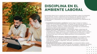 DISCIPLINA EN EL
AMBIENTE LABORAL
Cumplimiento de horarios y asistencia. Implica llegar a tiempo al trabajo y
cumplir con los horarios establecidos, incluyendo los periodos de descanso y las
pausas designadas. Además, se espera que los empleados notifiquen con
antelación cualquier ausencia o retraso justificado y sigan los procedimientos
establecidos para solicitar permisos o vacaciones.
Respeto a las normas de conducta. Los empleados deben comportarse de
manera adecuada y respetuosa en el entorno laboral. Esto implica tratar a sus
compañeros de trabajo, superiores y subordinados con cortesía, evitar el acoso o
la discriminación, mantener un lenguaje y comportamiento profesional, y seguir
las directrices sobre vestimenta, higiene personal y uso de dispositivos
electrónicos.
Uso adecuado de los recursos y equipos de la empresa. Los empleados deben
utilizar los recursos y equipos de la empresa de manera responsable y en
cumplimiento de las políticas establecidas. Esto incluye el uso correcto de
computadoras, software, maquinaria, vehículos, suministros y cualquier otro
activo de la empresa.
Cumplimiento de las tareas y metas asignadas. Los empleados deben cumplir
con las responsabilidades y tareas que se les han asignado, trabajando de manera
efectiva y eficiente para alcanzar los objetivos individuales y colectivos de la
empresa.
La disciplina laboral es el conjunto de acciones tendientes a lograr el acatamiento
de las políticas, normas y reglamentos de la empresa, por parte de todos sus
integrantes. El propósito de las acciones disciplinarias es asegurar que el
comportamiento y desempeño de los trabajadores se ajusten a los lineamientos de
la compañía.
 
