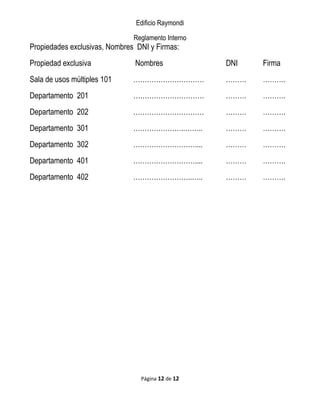Edificio Raymondi
Reglamento Interno
Propiedades exclusivas, Nombres DNI y Firmas:
Propiedad exclusiva Nombres DNI Firma
Sala de usos múltiples 101 …………………………. ……… ……….
Departamento 201 …………………………. ……… ……….
Departamento 202 …………………………. ……… ……….
Departamento 301 …………………..…….. ……… ……….
Departamento 302 ……………………….... ……… ……….
Departamento 401 ……………………….... ……… ……….
Departamento 402 ……………………..….. ……… ……….
Página 12 de 12
 