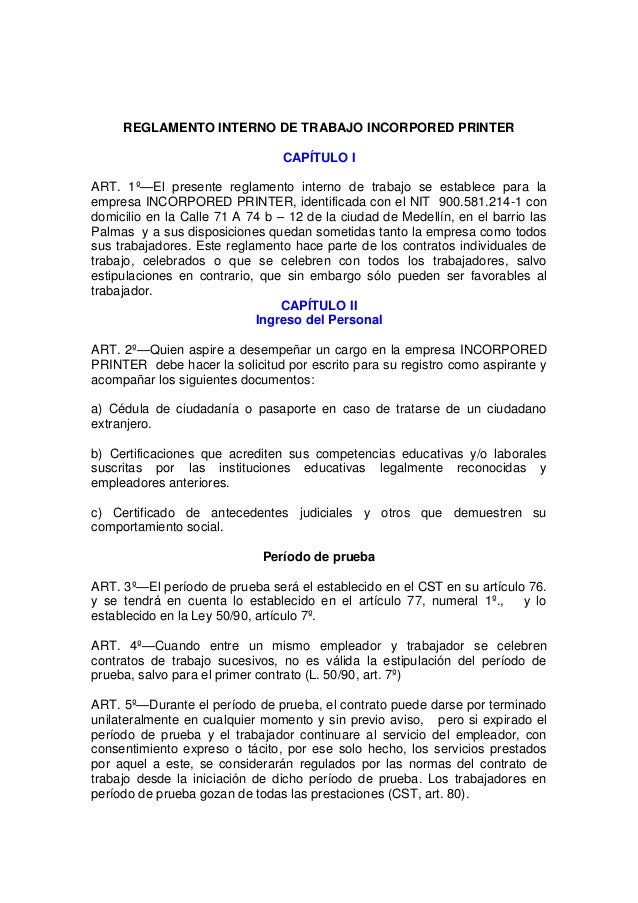 REGLAMENTO INTERNO DE TRABAJO
