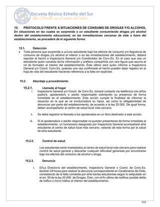 112
15. PROTOCOLO FRENTE A SITUACIONES DE CONSUMO DE DROGAS Y/O ALCOHOL
En situaciones en las cuales se sorprenda a un estudiante consumiendo drogas y/o alcohol
dentro del establecimiento educacional, en las inmediaciones cercanas de éste o fuera del
establecimiento, se procederá de la siguiente forma:
15.1. Detección
• Toda persona que sorprenda a un/una estudiante bajo los efectos de consumo y/o flagrancia de
consumo de drogas y/o alcohol al interior o en las inmediaciones del establecimiento, deberá
reportar el hecho a Inspector/a General y/o Coordinador de Conv.Es. En el caso que sea un
estudiante quien canaliza dicha información y prefiera compartirla con otra figura que asuma el
rol de formador al interior del establecimiento. Éste último será quien informe a Inspector/a
General y/o Coord. Conv.Es, quienes una vez confirmado el hecho pueden dejar registro en la
hoja de vida del estudiante haciendo referencia a la falta sin explicitar.
15.2. Abordaje y procedimiento
15.2.1. Llamada al hogar
i. Inspector/a General y/o Coord. de Conv.Es. tomará contacto vía telefónica con el/los
padre/s, apoderado/s o adulto responsable solicitando su presencia de forma
inmediata en el establecimiento. Esta acción cumple la finalidad de informar la
situación en la que se ve involucrado/a su hijo/a, así como la obligatoriedad de
denunciar por parte del establecimiento, de acuerdo a la ley 20.000. De igual forma,
deben acompañarlo/ al centro de salud local más cercano.
ii. Se debe registrar la llamada a los apoderados en un libro destinado a esta acción.
iii. Si el apoderado/a o adulto responsable no puedan presentarse de forma inmediata al
establecimiento, un funcionario designado por Inspectoría General acompañará al/la
estudiante al centro de salud local más cercano, velando de esta forma por la salud
de el/la estudiante.
15.2.2. Control de salud
Los estudiantes serán trasladados al centro de salud local más cercano para realizar
control de salud general y descartar cualquier dificultad generada por encontrarse
bajo los efectos del consumo de alcohol o droga.
15.2.3. Denuncia
i. El/La Director/a del establecimiento, Inspector/a General o Coord. de Conv.Es.
tendrán 24 horas para realizar la denuncia correspondiente en Carabineros de Chile,
constatando de la falta cometida por el/la los/las estudiantes según lo estipulado en
el art. 50 de la ley 20.000. de Drogas. Esto, con el fin último de notificar posible delito
de tráfico o micro tráfico al interior del establecimiento.
 