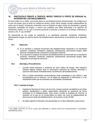 115
16. PROTOCOLO FRENTE A TRÁFICO, MICRO TRÁFICO O PORTE DE DROGAS AL
INTERIOR DEL ESTABLECIMIENTO
El micro tráfico es un delito, que puede darse en los Establecimientos Educacionales. Se configura por
el acto de poseer (que es tener en calidad de dueño); portar (llevar drogas consigo independiente de
quién sea el dueño); transportar (entendido como el traslado en algún medio de transporte) o guardar
pequeñas cantidades de drogas, a menos que justifique que están destinadas a la atención de
tratamiento médico o a su uso o consumo personal y exclusivo y próximo en el tiempo. (referencia y
alusión a Art. 4° Ley 20.000)22
En situaciones en las cuales se sorprenda a un estudiante portando, vendiendo, facilitando,
distribuyendo drogas y/o alcohol dentro del establecimiento educacional, se procederá de la siguiente
forma:
16.1. Detección
a) Si un docente o cualquier funcionario del establecimiento sorprende a un estudiante
portando, vendiendo, facilitando, regalando, distribuyendo, permutando drogas, debe
informar inmediatamente a Director/a o Inspector/a General.
b) Si un docente o cualquier funcionario del establecimiento es informado de un estudiante
portando, vendiendo, facilitando, regalando, distribuyendo, permutando drogas, debe
resguardar el principio de inocencia.
16.2. Abordaje y Procedimiento
i. Cuando exista sospecha o evidencia de micro tráfico de drogas, el/la Inspector
General deberá recabar toda la información relevante de manera reservada y
oportuna informando inmediatamente a la Dirección del establecimiento.
ii. El/La o los/las estudiantes involucrados/as serán trasladados a una oficina o sala
acompañados por un directivo, con el objeto de resguardar la información y a los
estudiantes hasta que se presenten las autoridades competentes.
16.2.1. Llamada al hogar
i. Inspector/a General y/o Coord. de Conv.Es. tomará contacto vía telefónica con el/los
padre/s, apoderado/s o adulto responsable solicitando su presencia de forma
inmediata en el establecimiento. Esta acción cumple la finalidad de informar la
situación en la que se ve involucrado/a su hijo/a, así como la obligatoriedad de
denunciar por parte del establecimiento, de acuerdo a la ley 20.000.
ii. Se debe registrar la llamada a los apoderados en un libro destinado a esta acción.
22
(LEY 20000, SUSTITUYE LA LEY Nº 19.366, QUE SANCIONA EL TRAFICO ILICITO DE ESTUPEFACIENTES Y SUSTANCIAS
SICOTROPICAS, 2015)
 