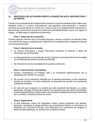 122
18. PROTOCOLO DE ACTUACIÓN FRENTE A CONDUCTAS AUTO -DESTRUCTIVAS Y
DE RIESGO
Cuando un/una estudiante del establecimiento presente conductas autodestructivas (tales como
realizarse cortes a sí mismo, auto-asfixiarse, auto-agredirse, auto-medicación, o cualquier
conducta que pueda atentar en contra de su vida) ya sea en el establecimiento educacional o
bien se tenga conocimiento de que ha ocurrido fuera del establecimiento -previo a su ingreso al
colegio-, se debe seguir el siguiente procedimiento:
Paso 1: Detección de la situación.
Cuando cualquier miembro de la comunidad educativa, observe, escuche o le informen sobre
una conducta de riesgo o autodestructiva, debe informar inmediatamente a Inspectoría General
y/o Convivencia Escolar.
Paso 2: Atención de la situación.
• La Técnico Paramédico y Equipo Psicosocial evaluarán la situación y darán las
atenciones que correspondan.
• La dupla psicosocial y/o Coordinador de Con. Escolar se comunicará de forma inmediata
con el referente de suicidio comunal de CESFAM.
• Se informará de manera inmediata de lo sucedido a Dirección.
Paso 3: Comunicación a las familias.
• Director, Orientador(a) y/o Profesor Jefe y se contactarán telefónicamente con el
apoderado para informar lo sucedido.
• De acuerdo con la evaluación realizada por el asistente paramédico si el/la estudiante
amerita ser enviado a un centro asistencial, se procederá de acuerdo con el protocolo
Accidentes Escolares.
• En caso de que la situación no amerite que el/la estudiante sea llevado a un centro
asistencial, el Equipo Psicosocial evaluará si es necesario que sea retirado del Colegio.
El padre/apoderado/tutor deberá asistir a la brevedad al establecimiento para informarse
de lo sucedido y establecer planes de acción.
Paso 4: Seguimiento
• Si el/la estudiante cuenta con tratamiento médico externo pertinente (por ejemplo,
psiquiatra, neurólogo) el colegio solicitará que el profesional tratante se comunique a la
brevedad con Convivencia Escolar, para determinar las condiciones de reingreso a
clases de el/la estudiante, de acuerdo con su estado de salud.
 