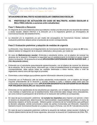 125
SITUACIONES DE MALTRATO/ ACOSO ESCOLAR / CIBERACOSO ESCOLAR
19. PROTOCOLO DE ACTUACIÓN EN CASO DE MALTRATO, ACOSO ESCOLAR O
BULLYING (referido a acciones entre estudiantes)
Fase 1: Detección o Denuncia
• El integrante de la comunidad educativa que detecte o reciba una denuncia de una situación de maltrato
o acoso escolar, deberá informar a la dirección y/o a la inspectoría general y/o encargado/a de
Convivencia Escolar del establecimiento.
• La dirección y/o la inspectoría y/o por medio del encargado/a de Convivencia Escolar, realizará
evaluación preliminar deberá activar el protocolo de acción correspondiente.
Fase 2: Evaluación preliminar y adopción de medidas de urgencia
La Dirección, Insp. General y/o el departamento de Convivencia Escolar tendrá un plazo de 48 horas,
deberá realizar la indagación de la situación detectada o denunciada, por medio de:
• En caso de Maltrato/acoso escolar: Entrevista a estudiante víctima, con el objetivo de conocer los
alcances de la situación. Entregarle la seguridad que el establecimiento le brindará el apoyo integral
frente a la situación. (Si se presume el acoso APLICACIÓN CUESTIONARIO A MI ME SUCEDE QUE…)
(Ver documento anexo)
• Entrevista con el estudiante presuntamente agresor/acosador, con el objetivo de conocer los alcances
de la situación. De la misma forma, informarle que, si bien el establecimiento le entregará los apoyos
correspondientes, debe aplicar todas las medidas destinadas a éstos hechos, tanto a nivel de
reglamento interno como del tipo legal (si procede)
• Entrevistas a otros testigos que pudiesen aportar información relevante (si procede)
• Entrevista con el Profesor(a) Jefe de los/las estudiantes involucrados/as, con el objetivo de recoger
mayores antecedentes de la situación y acordar medidas a corto y mediano plazo tanto para los
involucrados como para el grupo curso. (APLICACIÓN DIAGNÓSTICO DE ESTUDIANTES EN RIESGO
POR VIOLENCIA ESCOLAR) (ver documento anexo)
• Entrevista con los apoderados de los estudiantes por separado, con el objetivo de informar la situación
y las medidas a implementar por el establecimiento. Esta entrevista debe indagar otros antecedentes,
así como motivar la participación de la familia en la resolución del conflicto (si corresponde)
• En caso de que la evaluación preliminar no cumpla los requisitos para imponer una sanción, o bien
el reclamo es desestimado, determinando no intencionalidad, responsabilidad, gravedad y la toma de
decisiones respecto al hecho acusado. Deberá quedar constancia de los fundamentos que justifiquen
la decisión adoptada, siendo comunicada a todas las partes involucradas por Dirección, Inspector/a
General o Coord. Convivencia Escolar en un plazo no mayor a 72 horas. (ver Art 36.1 de este documento)
• En caso de que la evaluación preliminar confirme la situación de maltrato, acoso escolar o bullying, el
Director deberá dentro de las 24 horas siguientes, denunciar la situación en Carabineros de Chile, PDI,
 