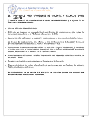 131
23. PROTOCOLO PARA SITUACIONES DE VIOLENCIA Y MALTRATO ENTRE
ADULTOS
(Cuando la situación de violencia ocurre al interior del establecimiento, y el agresor no es
funcionario del establecimiento)
• Informar al Director del establecimiento.
• El Director y/o Inspector y/o encargado Convivencia Escolar del establecimiento, debe realizar la
denuncia correspondiente en la PDI, fiscalía o Carabineros de Chile.
• La denuncia debe realizarse en un plazo de 24 horas desde que se tomó conocimiento de los hechos.
• La dirección del establecimiento, debe informar al Jefe del Departamento de Educación de manera
presencial de la situación desarrollada. Además del informe respectivo.
• Paralelamente, el establecimiento debe solicitar a la institución a cargo de procedimiento, el traslado de
la víctima involucrada, al servicio de salud más cercano para su revisión. Posteriormente, de constatar
lesiones, se debe efectuar la denuncia con el carabinero de turno.
• El establecimiento de forma muy cuidadosa debe informar a los apoderados, evitando un ambiente de
secretismo y recelo.
• Toda información pública, será realizada por el Departamento de Educación.
• El esclarecimiento de los hechos y la aplicación de sanciones penales son funciones del Ministerio
Público e instituciones pertinentes.
El esclarecimiento de los hechos y la aplicación de sanciones penales son funciones del
Ministerio Público e instituciones pertinentes.
 