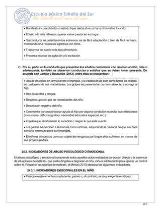 137
• Uso de disciplina en forma severa e impropia, y la validación de este como forma de crianza,
en cualquiera de sus modalidades. Los golpes se presentarían como un derecho a corregir al
hijo.
• Uso de alcohol y drogas.
• Despreocupación por las necesidades del niño.
• Descripción negativa del niño.
• Desinterés por proporcionar ayuda al hijo por alguna condición especial que este posea
(minusvalía, déficit cognitivo, necesidad educativa especial, etc.).
• Impiden que el niño relate lo sucedido o niegan lo que este cuenta.
• Los padres se perciben a sí mismos como víctimas, adquiriendo la creencia de que sus hijos
son una amenaza para su integridad.
• El niño es concebido como un objeto de venganza por lo que ellos sufrieron en manos de
sus propios padres.
• Parece excesivamente complaciente, pasivo o, al contrario, es muy exigente o rabioso.
2) Por su parte, en la conducta que presentan los adultos cuidadores con relación al niño, niña o
adolescente, también se observan conductas o señales que se deben tener presente. De
acuerdo con Larraín y Bascuñán (2012), entre ellas se encuentran:
24.3. INDICADORES DE ABUSO PSICOLÓGICO O EMOCIONAL
El abuso psicológico o emocional comprende todos aquellos actos realizados por acción directa o la ausencia
de situaciones de maltrato, que están dirigidas a degradar al niño, niña o adolescente para ejercer un control
sobre él. Respecto de este tipo de maltrato, el Minsal (2013) destaca los siguientes indicadores.
24.3.1. INDICADORES EMOCIONALES EN EL NIÑO
• Manifiesta incomodidad y un estado hiper alerta al escuchar a otros niños llorando.
• El niño o la niña refiere no querer volver o estar en su hogar.
• Su conducta se polariza en los extremos: es de fácil adaptación o bien de fácil rechazo,
mostrando una respuesta agresiva con otros.
• Trastornos del sueño o de tipo alimentario.
• Presenta estados de agitación y/o excitación.
 