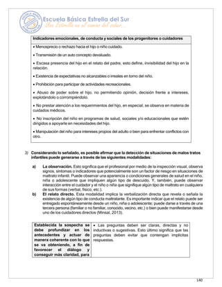140
Indicadores emocionales, de conducta y sociales de los progenitores o cuidadores
• Menosprecio o rechazo hacia el hijo o niño cuidado.
• Transmisión de un auto concepto devaluado.
• Escasa presencia del hijo en el relato del padre, esto define, invisibilidad del hijo en la
relación.
• Existencia de expectativas no alcanzables o irreales en torno del niño.
• Prohibición para participar de actividades recreacionales.
• Abuso de poder sobre el hijo, no permitiendo opinión, decisión frente a intereses,
explotándolo o corrompiéndolo.
• No prestar atención a los requerimientos del hijo, en especial, se observa en materia de
cuidados médicos.
• No inscripción del niño en programas de salud, sociales y/o educacionales que estén
dirigidos a apoyarle en necesidades del hijo.
• Manipulación del niño para intereses propios del adulto o bien para enfrentar conflictos con
otro.
3) Considerando lo señalado, es posible afirmar que la detección de situaciones de malos tratos
infantiles puede generarse a través de las siguientes modalidades:
a) La observación. Esto significa que el profesional por medio de la inspección visual, observa
signos, síntomas o indicadores que potencialmente son un factor de riesgo en situaciones de
maltrato infantil. Puede observar una apariencia o condiciones generales de salud en el niño,
niña o adolescente que impliquen algún tipo de descuido. Y, también, puede observar
interacción entre el cuidador y el niño o niña que signifique algún tipo de maltrato en cualquiera
de sus formas (verbal, físico, etc.).
b) El relato directo. Esta modalidad implica la verbalización directa que revela o señala la
existencia de algún tipo de conducta maltratante. Es importante indicar que el relato puede ser
entregado espontáneamente desde un niño, niña o adolescente; puede darse a través de una
tercera persona (familiar o no familiar, conocido, vecino, etc.) o bien puede manifestarse desde
uno de los cuidadores directos (Minsal, 2013).
Establecida la sospecha se
debe profundizar en los
antecedentes y actuar de
manera coherente con lo que
se va obteniendo, a fin de
favorecer el diálogo y
conseguir más claridad, para
• Las preguntas deben ser claras, directas y no
inductivas o sugestivas. Esto último significa que las
preguntas deben evitar que contengan implícitas
respuestas.
 