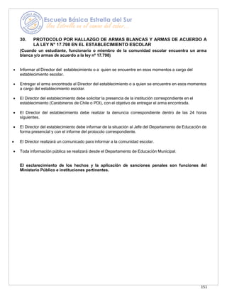 151
30. PROTOCOLO POR HALLAZGO DE ARMAS BLANCAS Y ARMAS DE ACUERDO A
LA LEY N° 17.798 EN EL ESTABLECIMIENTO ESCOLAR
(Cuando un estudiante, funcionario o miembro de la comunidad escolar encuentra un arma
blanca y/o armas de acuerdo a la ley nº 17.798)
• Informar al Director del establecimiento o a quien se encuentre en esos momentos a cargo del
establecimiento escolar.
• Entregar el arma encontrada al Director del establecimiento o a quien se encuentre en esos momentos
a cargo del establecimiento escolar.
• El Director del establecimiento debe solicitar la presencia de la institución correspondiente en el
establecimiento (Carabineros de Chile o PDI), con el objetivo de entregar el arma encontrada.
• El Director del establecimiento debe realizar la denuncia correspondiente dentro de las 24 horas
siguientes.
• El Director del establecimiento debe informar de la situación al Jefe del Departamento de Educación de
forma presencial y con el informe del protocolo correspondiente.
• El Director realizará un comunicado para informar a la comunidad escolar.
• Toda información pública se realizará desde el Departamento de Educación Municipal.
El esclarecimiento de los hechos y la aplicación de sanciones penales son funciones del
Ministerio Público e instituciones pertinentes.
 
